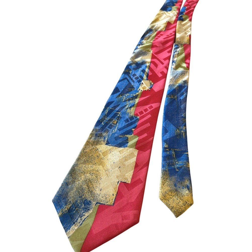 Vintage Montana Abstract Geometric Neck‎ Tie Red Blue Gold 90s Mens Wide Necktie